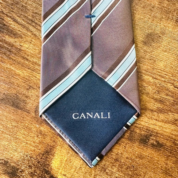 Canali Men’s Silk Tie - Striped Pattern in Brown and Blue - Picture 5 of 7